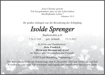 Traueranzeige von Isolde Sprenger von Pegnitz-Zeitung